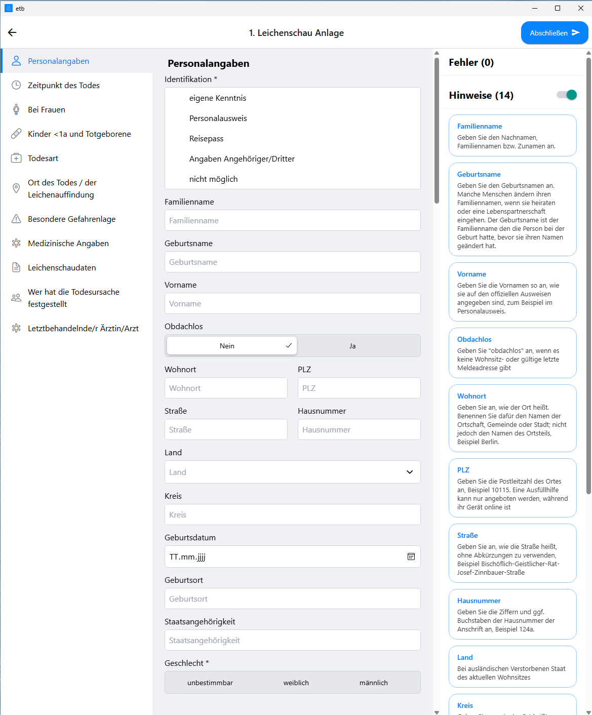 Frontend mobile App - Erstellung einer Todesbescheinigung